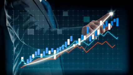 Businessman draw finance allusive graph chart showing business profit growth increasing to future...