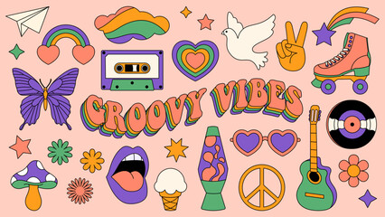 Fun groovy retro clipart elements set. 60s, 70s, 80s cartoon comic style. Happy hippie vintage  patches, pins, stamps, stickers templates. Abstract, trendy, funky, nostalgic aesthetic background - obrazy, fototapety, plakaty