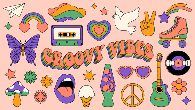 Fun groovy retro clipart elements set. 60s, 70s, 80s cartoon comic style. Happy hippie vintage  patches, pins, stamps, stickers templates. Abstract, trendy, funky, nostalgic aesthetic background