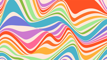 Hippie trippy retro background for psychedelic 60s 70s parties with bright acid rainbow colors and groovy liquid wavy pattern in pop art style. Funky retro wallpaper.