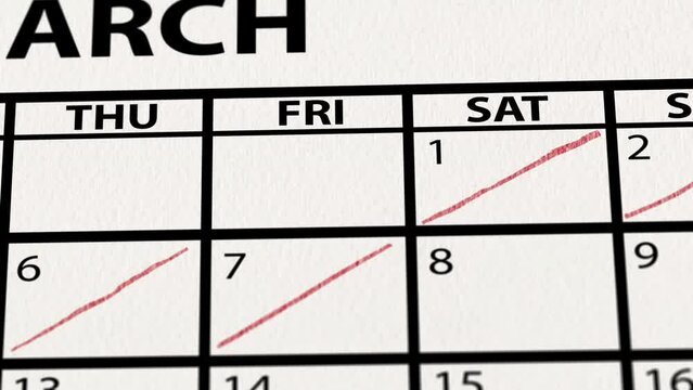 Crossing out dates on calendar. Circling the 8th of march marked women's day