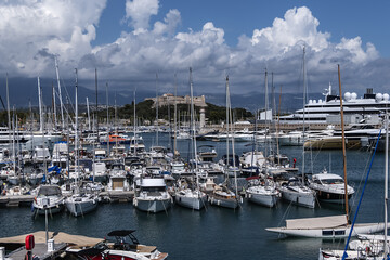 View of the Port Vauban in Antibes with moored sailboats and luxury yachts on the French Riviera in...