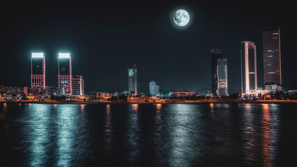 Fototapeta na wymiar Business center of izmir city, night panorma of buildings with lights and full moon on sky