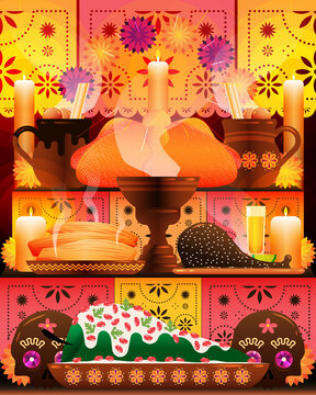 Ilustración vertical de ofrenda para día de muertos con comida típica mexicana.