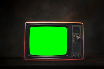 Old red retro TV It's still life with green screen in dark room