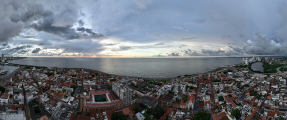 Aerial View of Cartagena, Colombia at Sunset with the old city in the background