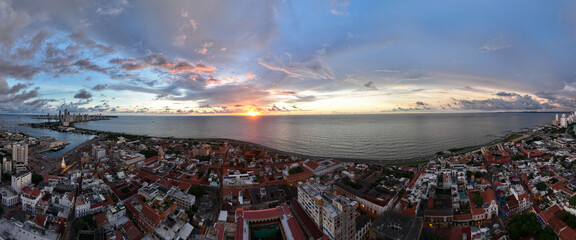 Aerial View of Cartagena, Colombia at Sunset with the old city in the background