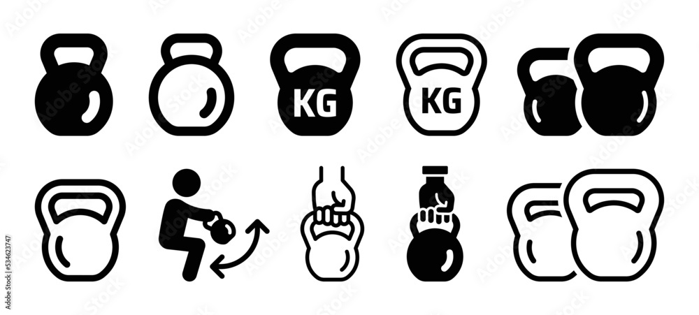 Poster kettlebell icon set in line and outline design. strength training kettlebells symbol.