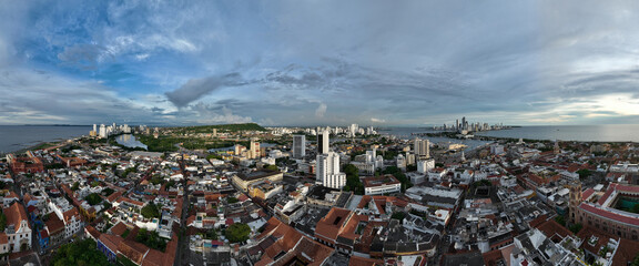 Aerial View of Cartagena, Colombia at Sunset with the old city in the background