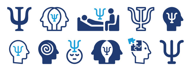 Psychology icon set. Uppercase Psi symbol vector illustration. Psychotherapy or mental health concept. - obrazy, fototapety, plakaty