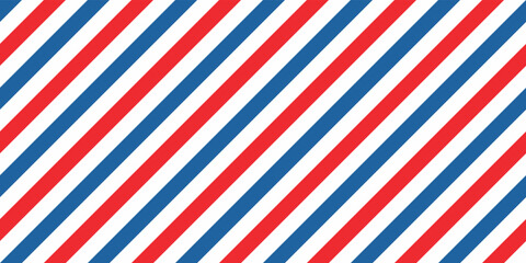 Vintage barber seamless pattern. White, blue and red diagonal lines stripe texture. Vector illustration.