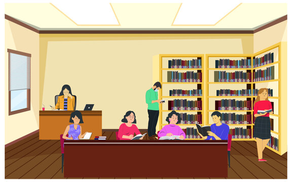 Students are reading books in the library and woman librarian sitting on the table. Flat vector illustration.
