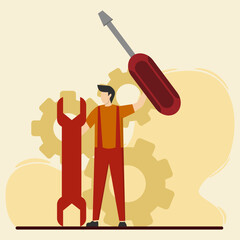 mechanical character concept. mechanic repairs the damage. Mechanic in uniform inspects broken tools or machines. Professional auto diagnostics. Flat vector illustration