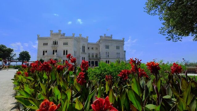 Miramare castle in Trieste at sunset in 4k resolution