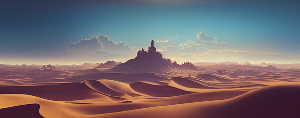 Sahara Desert Like Sea with Sand Dunes Mountain Tower. Fantasy Backdrop Concept Art Realistic Illustration Video Game Background Digital Painting CG Artwork Scenery Artwork Serious Book Illustration

