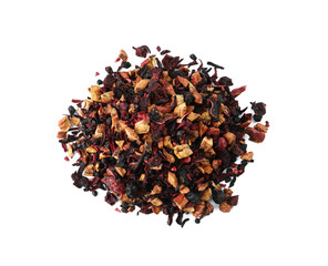Pile of dried herbal tea leaves with fruits on white background, top view