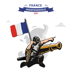 France happy independence day vector. Flat Design Patriotic soldier carrying France Flag.