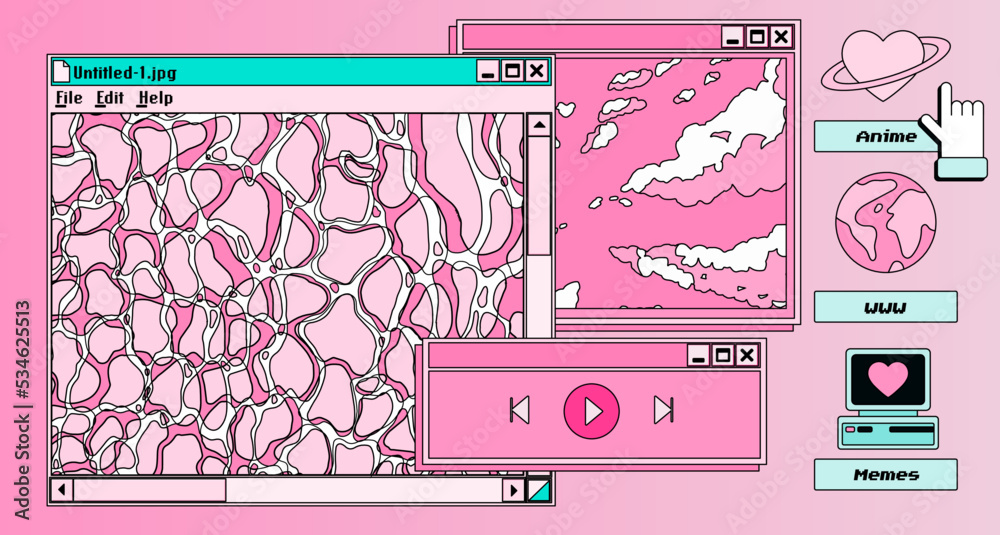 Aufkleber Set of retro user interface elements for UX and UI design. Vaporwave Y2K style illustration in pastel pink and violet colors.