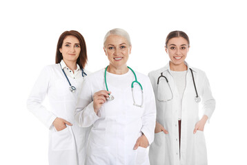 Fototapeta premium Collage with photos of doctors on white background