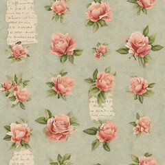 Vintage Dusty Pink Floral Seamless Pattern Background with Shabby Cottage Chic Roses Flowers Repeating Design with Torn Paper on Textured Sage Green Background
