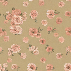 Vintage Pink Floral Seamless Pattern Background with Shabby Cottage Chic Flowers on Sage Green Repeating Design on Old Textured Paper