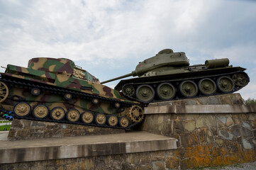 Fototapeta na wymiar Monument: The collision of Russian T-34 tank and German pZkpwf tank.