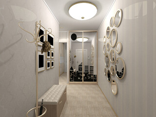 3D illustration of the interior design of the hallway. 3D rendering of the interior in a traditional modern style. Idea, concept of corridor design