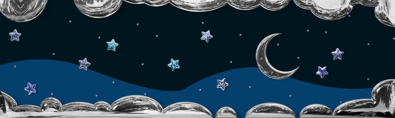 Obraz na płótnie Canvas 3d illustration with blue background and blue stars with chrome moon