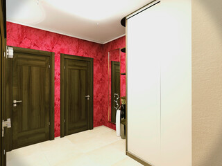 3d illustration interior design of the hall in pink tones. 3D rendering of the interior in a modern style