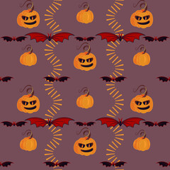 Halloween seamless pattern with pumpkins and bats