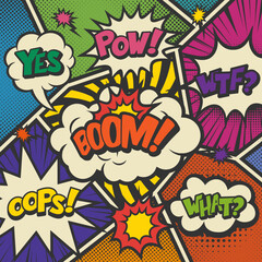 Obraz premium Vintage style pop art comics book magazine, speech bubble, balloon, box message