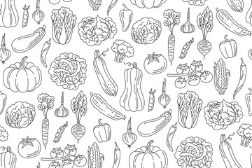 Vegetables doodle linear seamless pattern, wallpaper. Healthy diet food farm product veggies endless ornament. Farming harvest cauliflower, tomato, cucumber pepper carrot. Cooking ingredient boundless