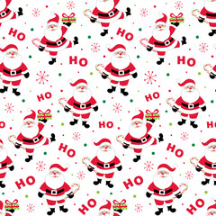 Seamless pattern of Christmas Santa clause with Ho Ho Ho text, gift and candy cane- Christmas vector design 