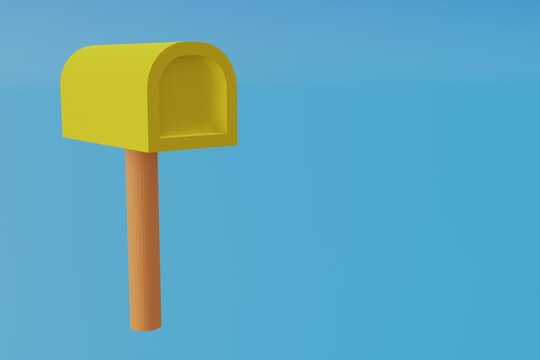 Yellow 3d mailbox on light blue background. 3d rendering. 3d illustration
