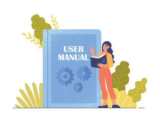 User manual concept. Young girl reads instructions for using product, gadget or device. Information analysis, training. Document specification requirements metaphor. Cartoon flat vector illustration