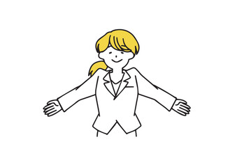  両手を広げてリラックスしているスーツ姿の若い女性　シンプルな線の人物イラスト