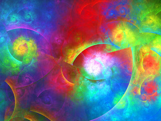 Imagen de arte abstracto digital compuesta de cuartos de esferas en colores neon sobre fondo oscuro en un conjunto que simula ser la fracturación de asteroides en un estrella vecina. - obrazy, fototapety, plakaty
