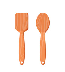 Wooden spatula icon. Kitchen utensils, cooks equipment for preparing meal. Set for flipping food in frying pan. Sticker for social networks. Cartoon flat vector illustrations isolated on white