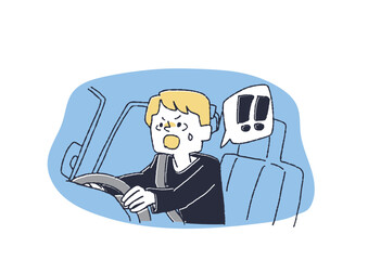 車の運転中危険を感じた男性　コミカルな手書きの人物　