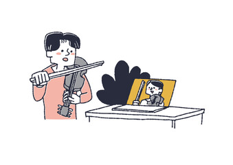 バイオリンを習う男性　オンライン授業を受ける人々