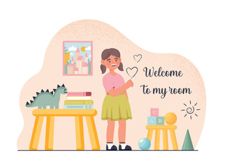 Girl writing on wall. Child in his room, character rejoices at move. Charming person with toys in apartment. Poster or banner for website. Abstract lettering. Cartoon flat vector illustration