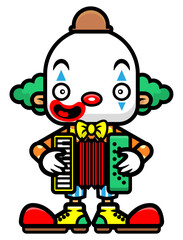 Happy clown cartoon character playing accordion at circus show, best for sticker, mascot, and logo with entertainment themes for kids