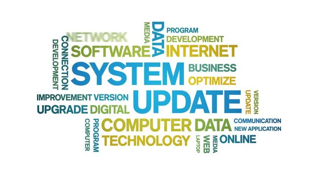 System Update animated tag word cloud;text design animation kinetic typography seamless loop.