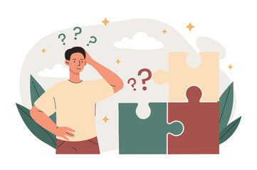 Decision puzzle concept. Man trying to solve problem, businessman or entrepreneur with puzzle, creative person and brainstorming. Thoughtful character strategizing. Cartoon flat vector illustration