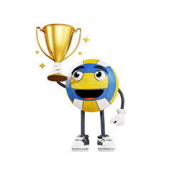 Fototapeta na wymiar volleyball mascot holding golden trophy 3d character illustration