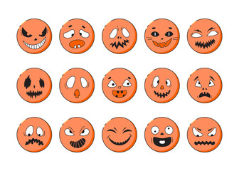 Halloween faces set.  Vector creepy, scary or funny stickers with pumpkin, ghosts or devil faces . Halloween mouths and eyes collection.