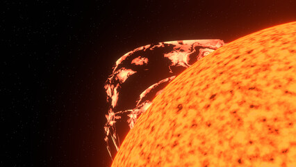 Orange solar flare curve from sun surface (3D Rendering)