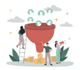 Concept of monetizaion. Creative personalities and popular bloggers make money on social networks. Businessmen generate new leads and customers. Internet promotion. Cartoon flat vector illustration
