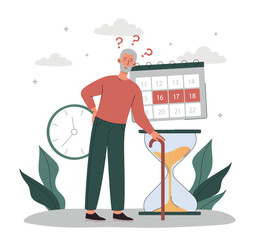Problem time management. Grandpa near calendar, metaphor for successful and inefficient workflow. Lazy character does not have time to finish project by deadline. Cartoon flat vector illustration