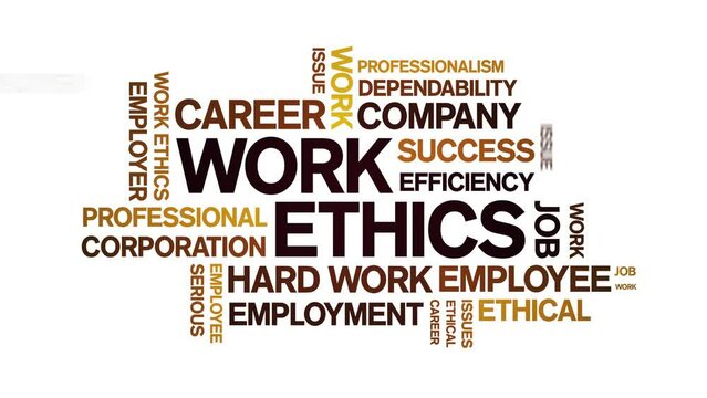 Work Ethics animated tag word cloud;text design animation kinetic typography seamless loop.